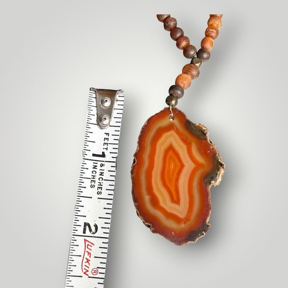 Vintage Natural Agate Slice Pendant Necklace Wood Beads 1/20 14K GF 15 inch - Picture 10 of 11